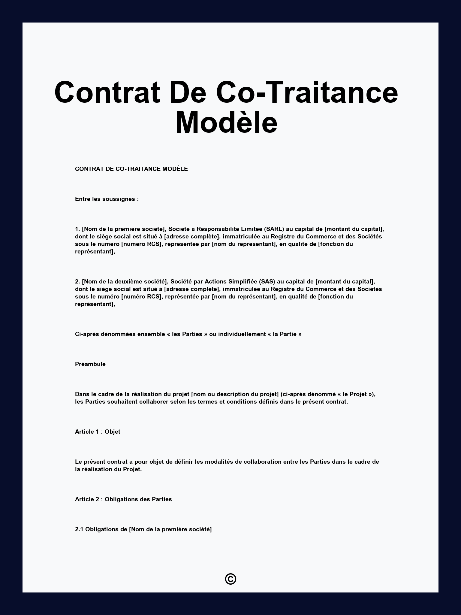 Contrat De Co-Traitance Modèle
