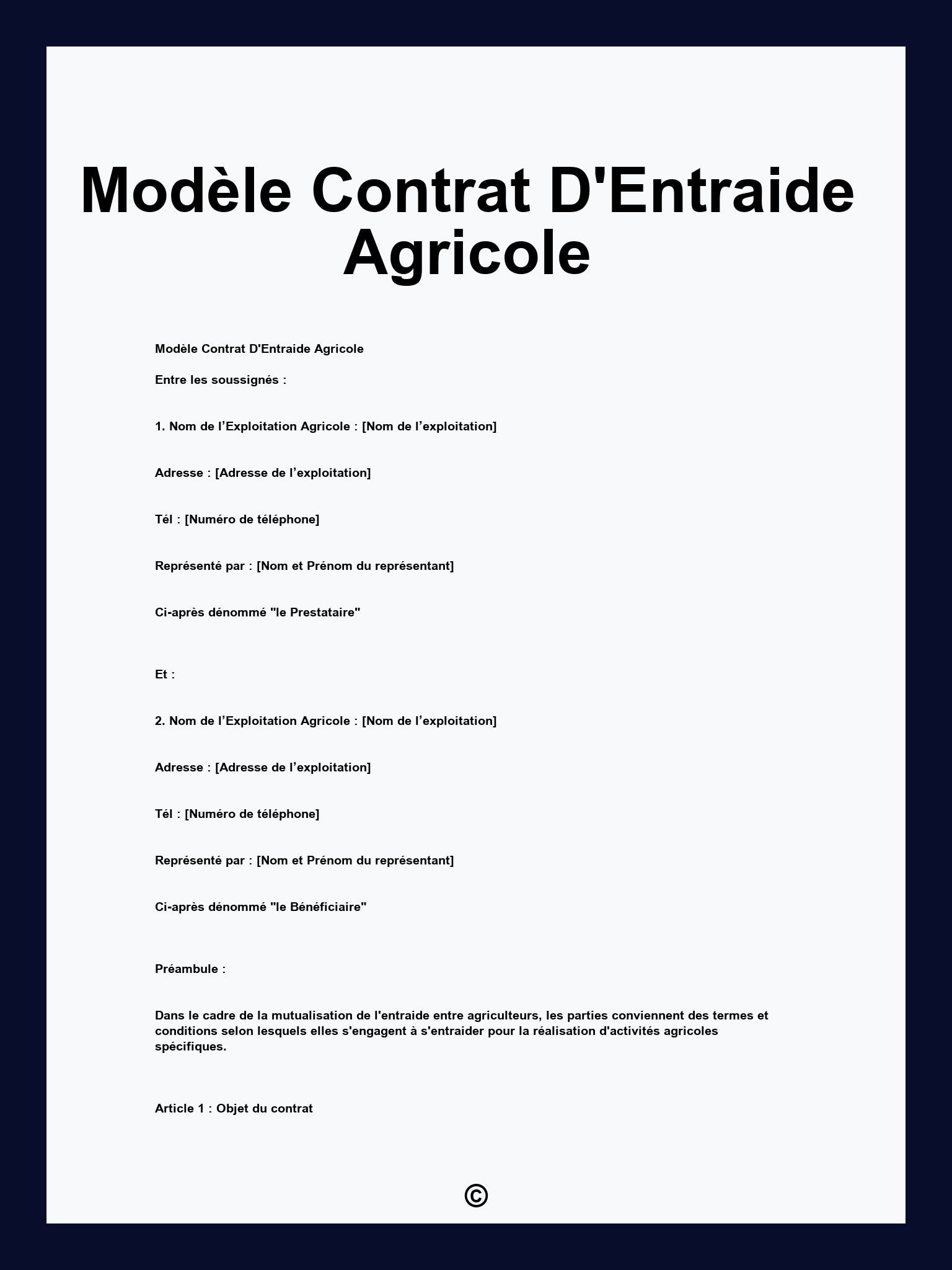 Modèle Contrat D'Entraide Agricole