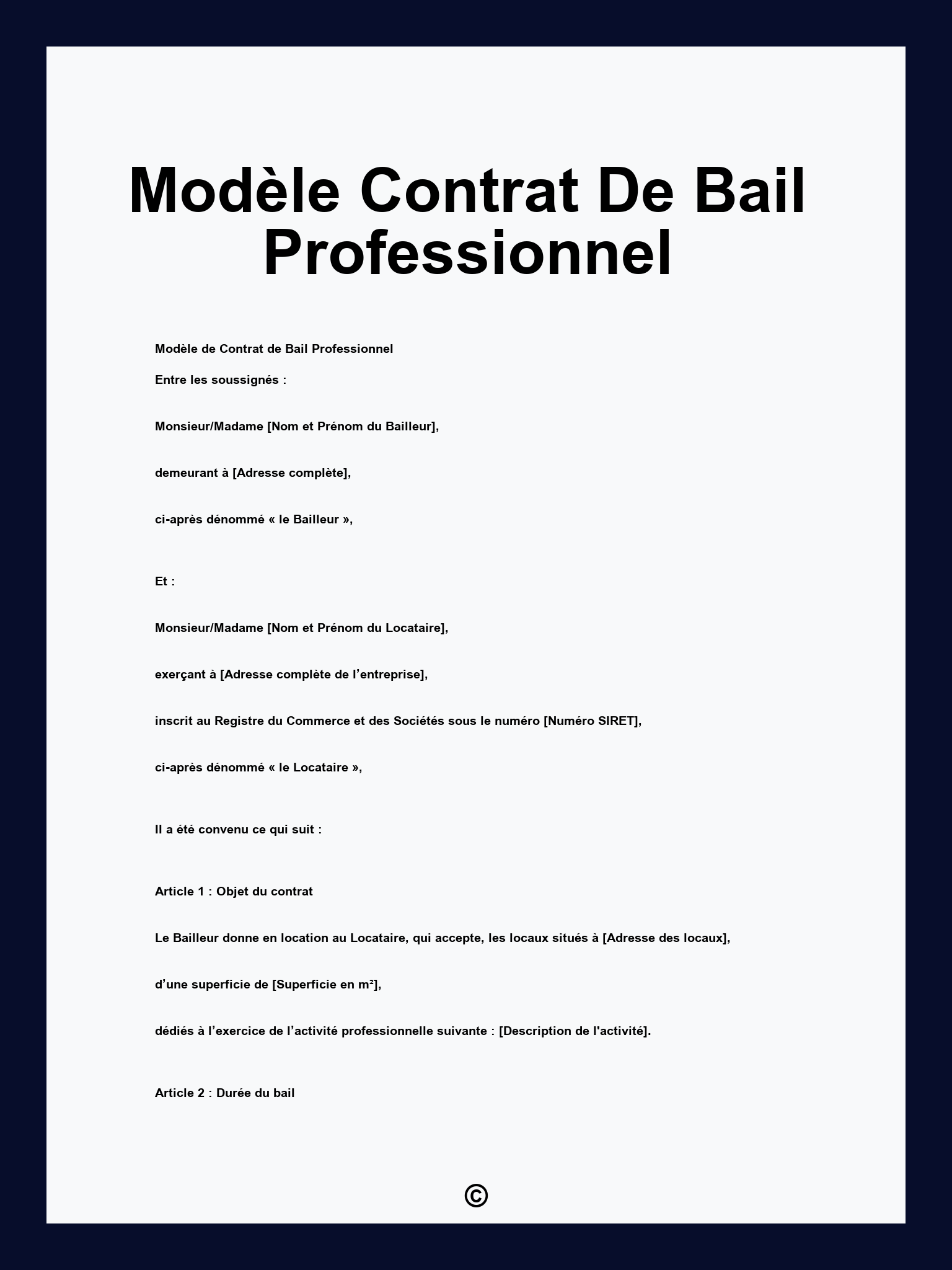Modèle Contrat De Bail Professionnel