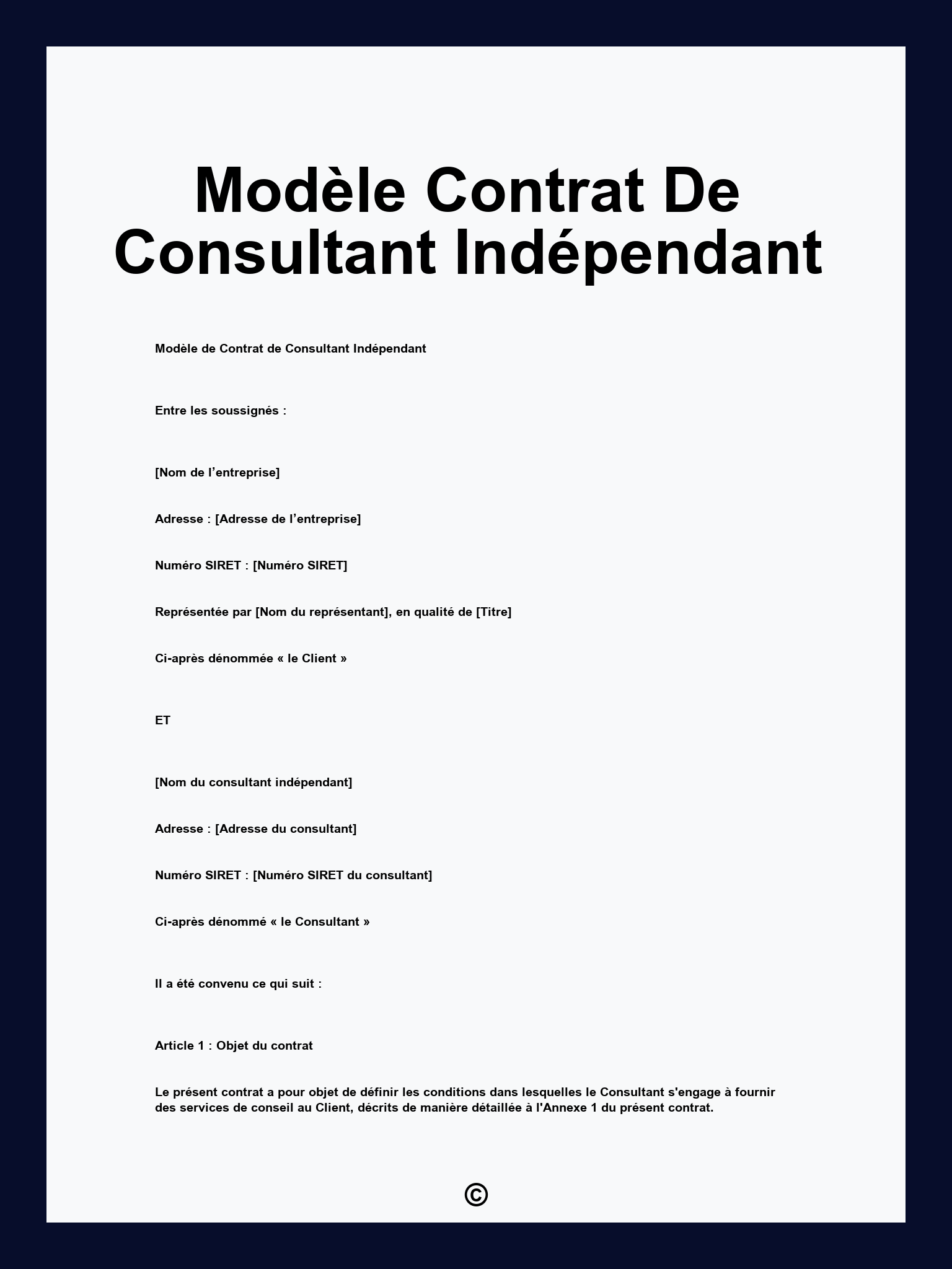 Modèle Contrat De Consultant Indépendant