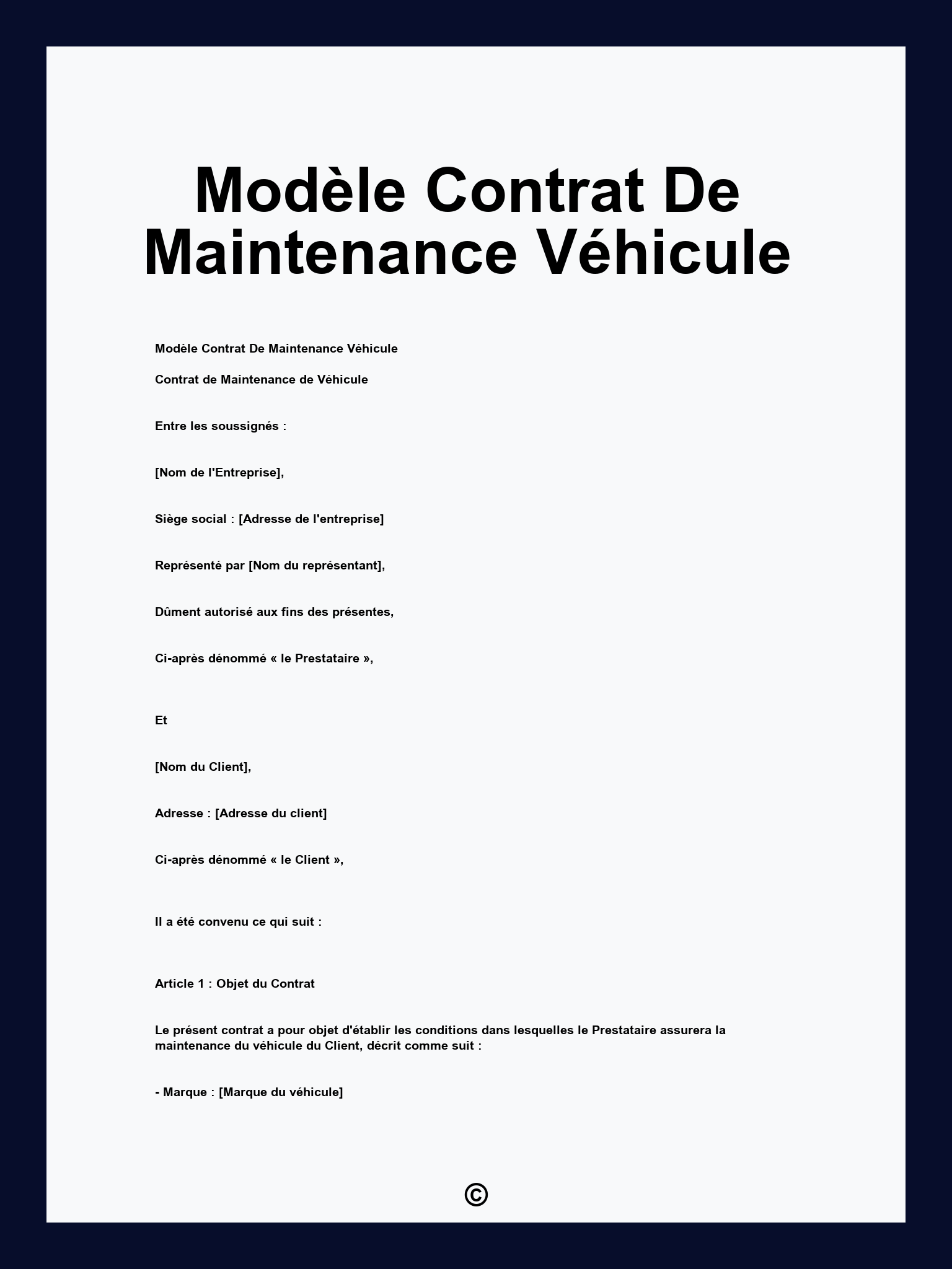Modèle Contrat De Maintenance Véhicule