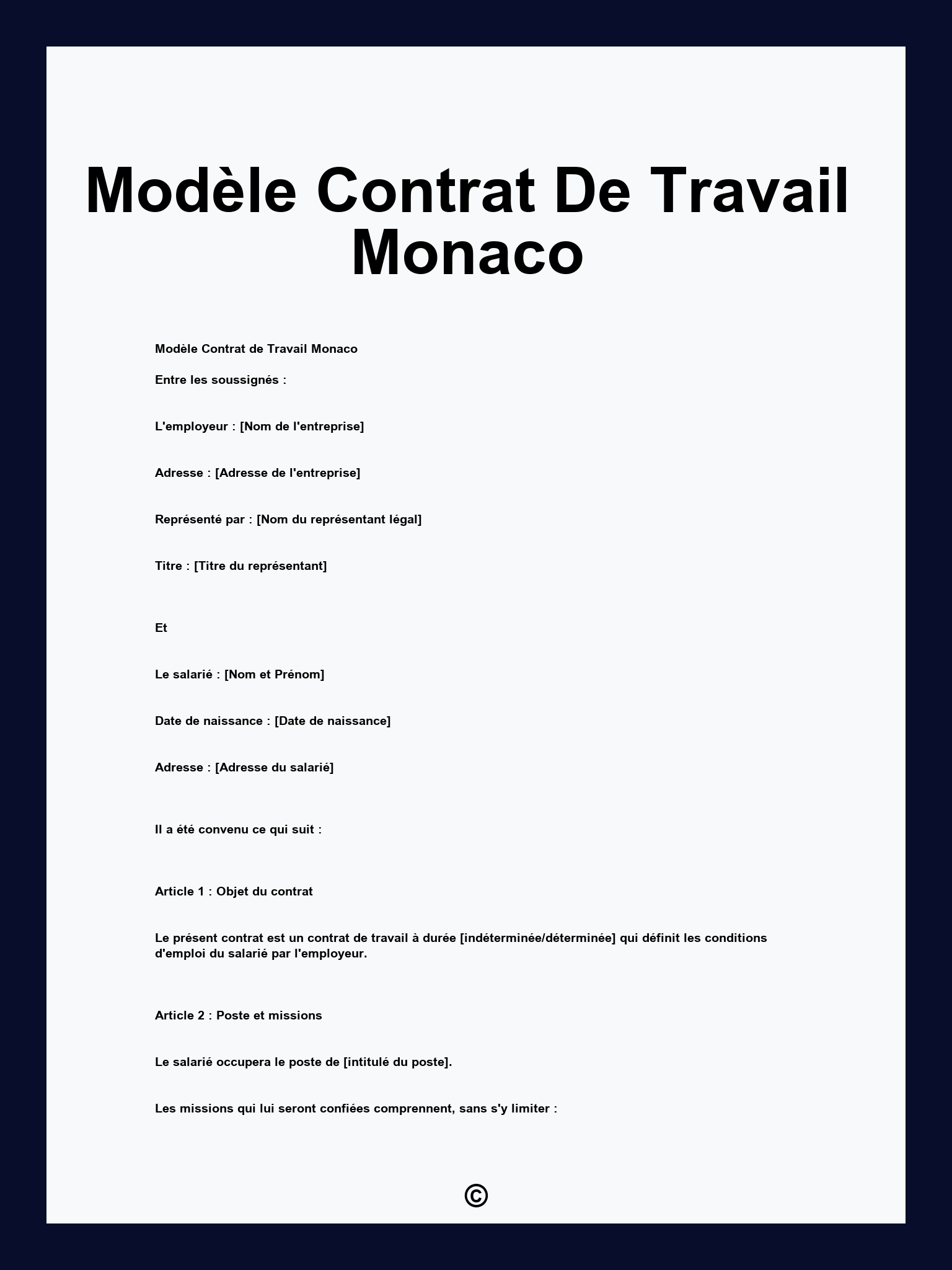 Modèle Contrat De Travail Monaco
