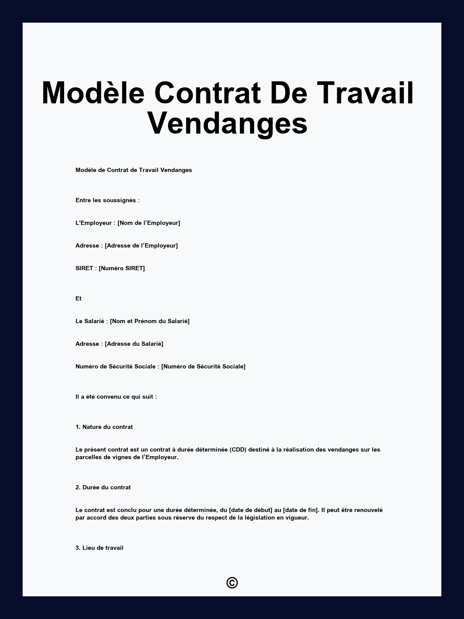 Modèle Contrat De Travail Vendanges