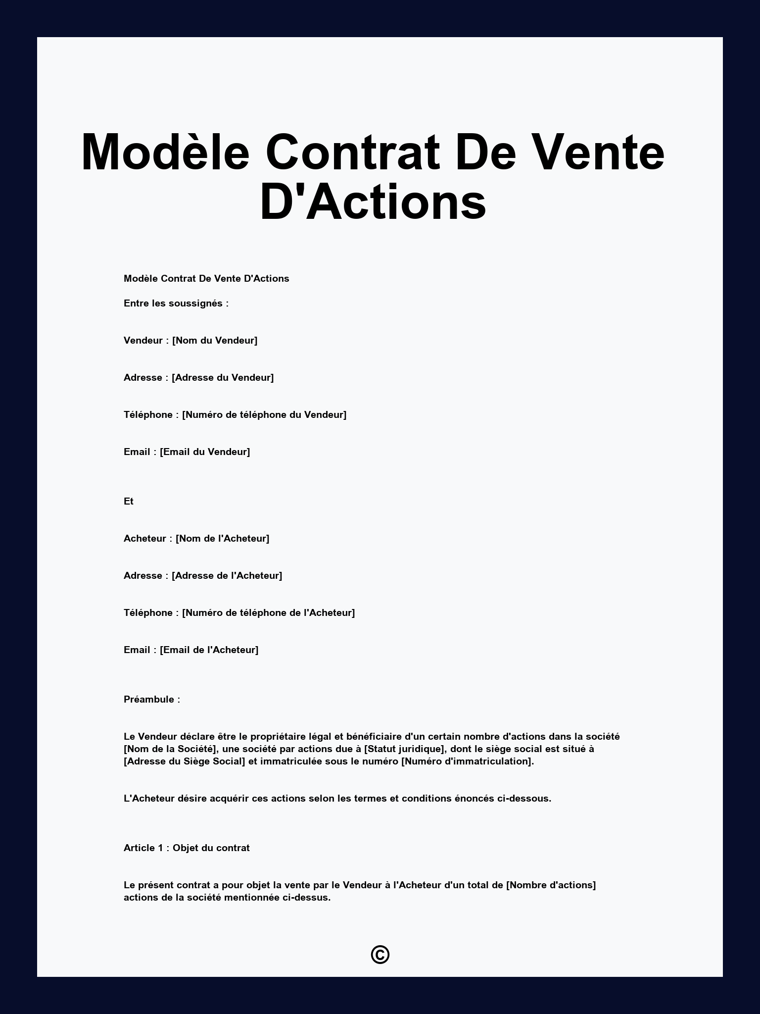 Modèle Contrat De Vente D'Actions