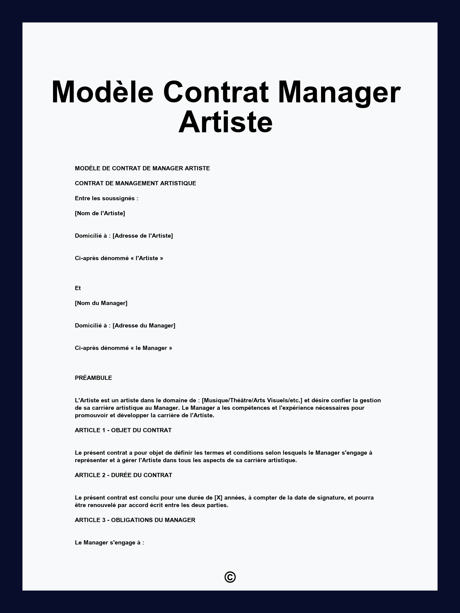 Modèle Contrat Manager Artiste
