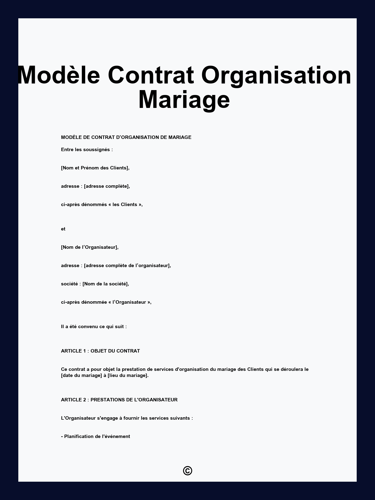 Modèle Contrat Organisation Mariage