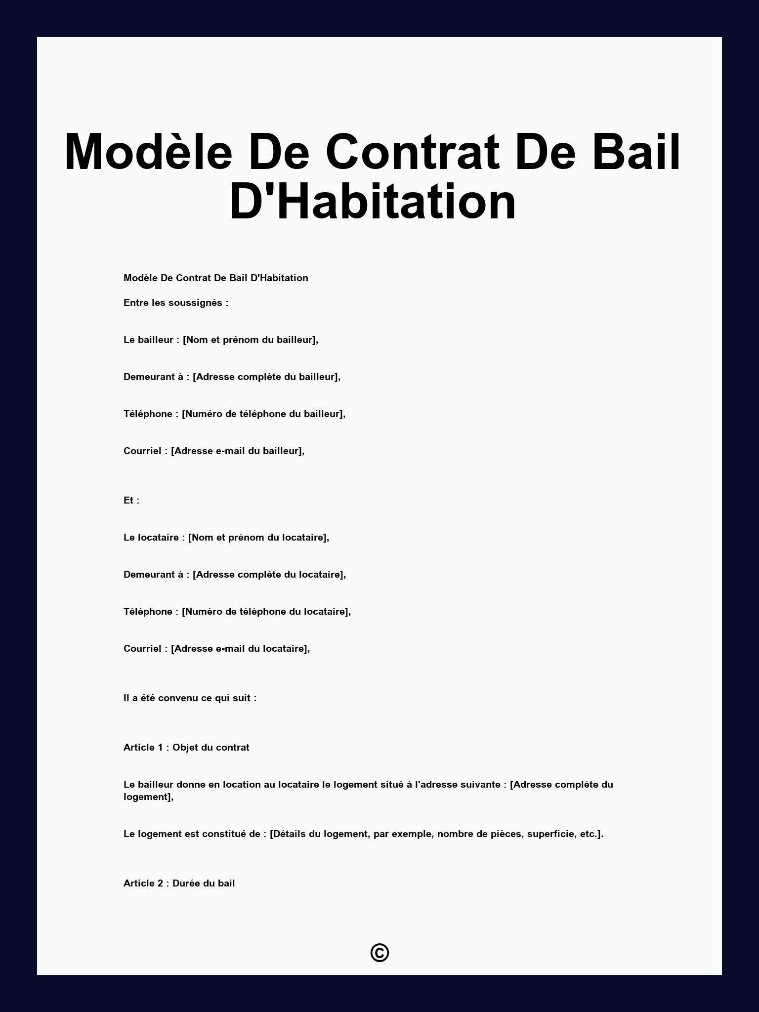 Modèle De Contrat De Bail D'Habitation