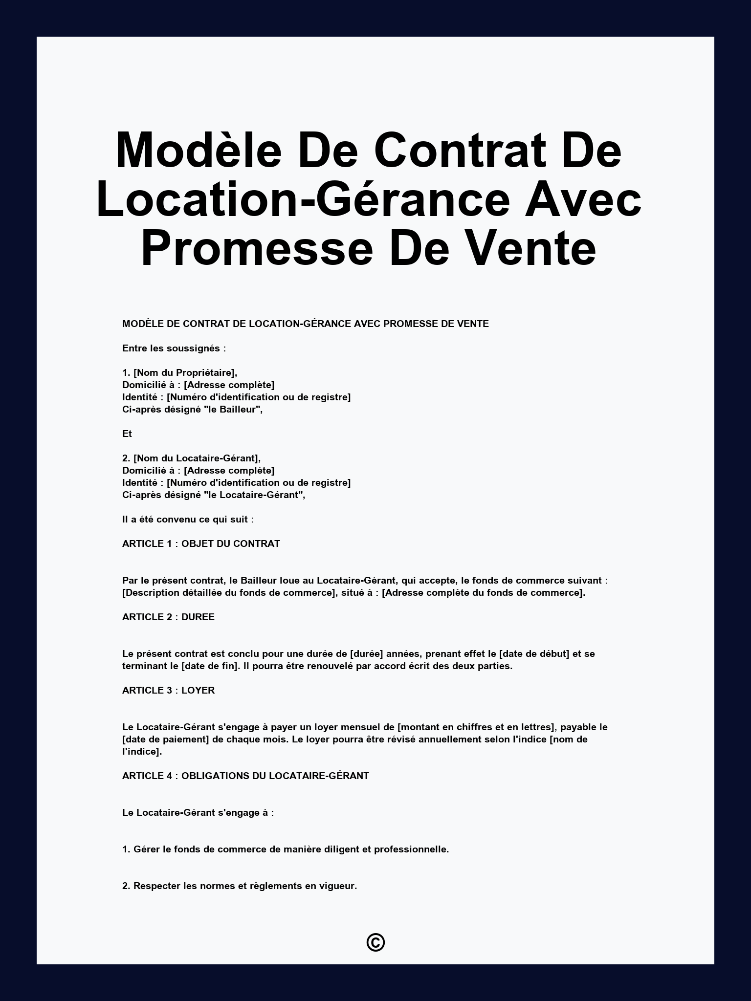 Modèle De Contrat De Location-Gérance Avec Promesse De Vente