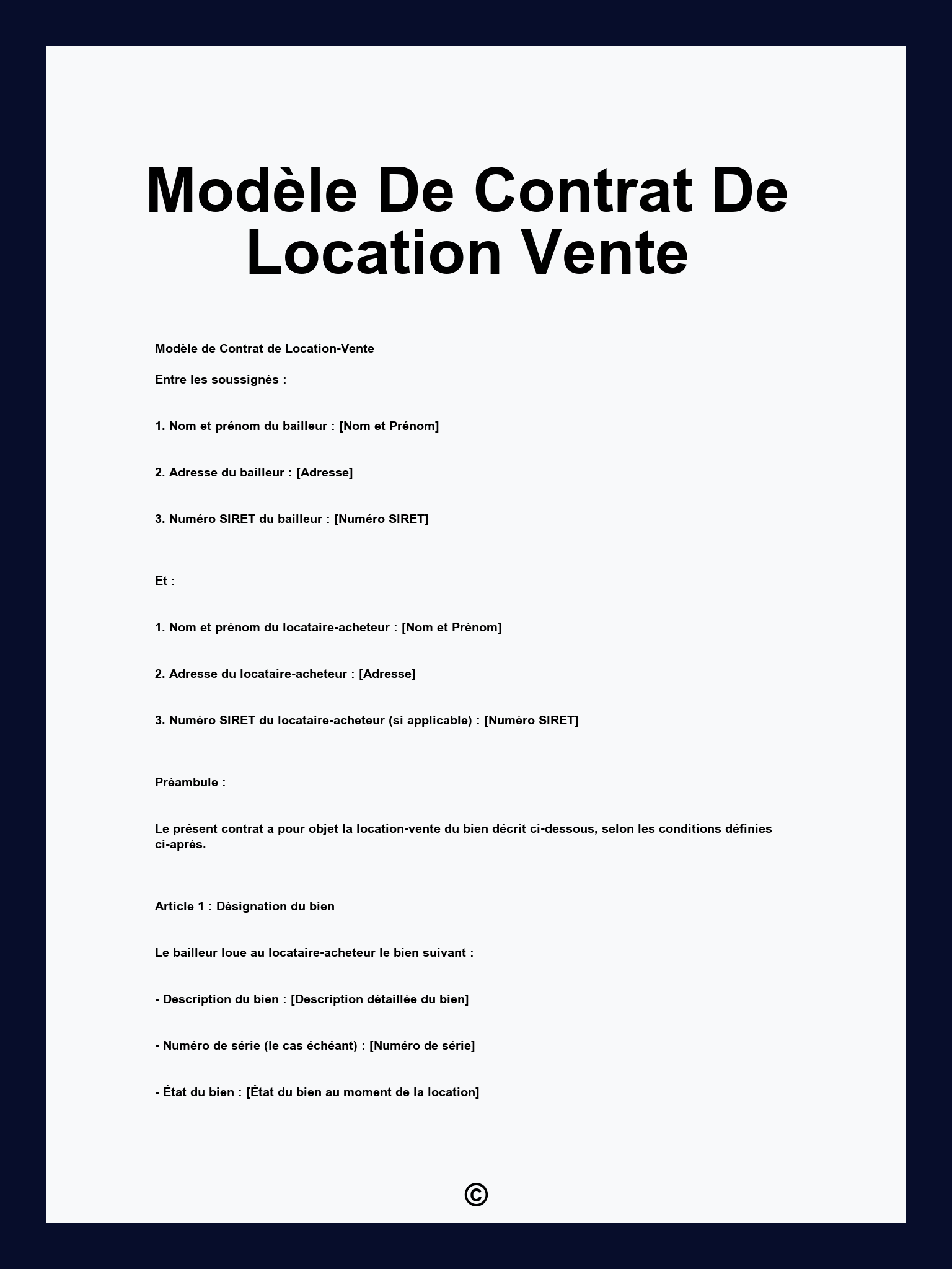 Modèle De Contrat De Location Vente