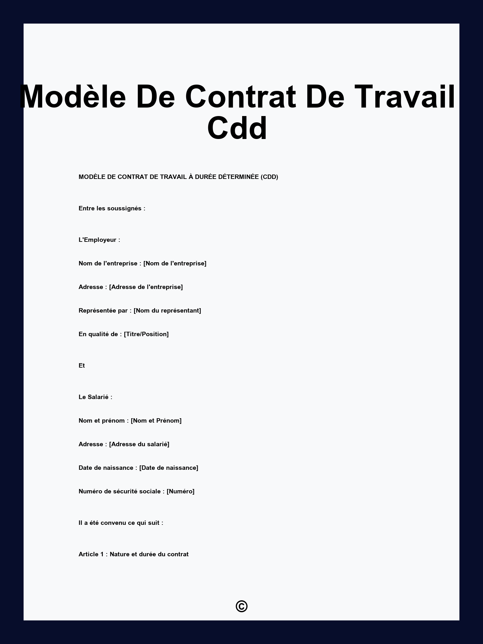 Modèle De Contrat De Travail Cdd