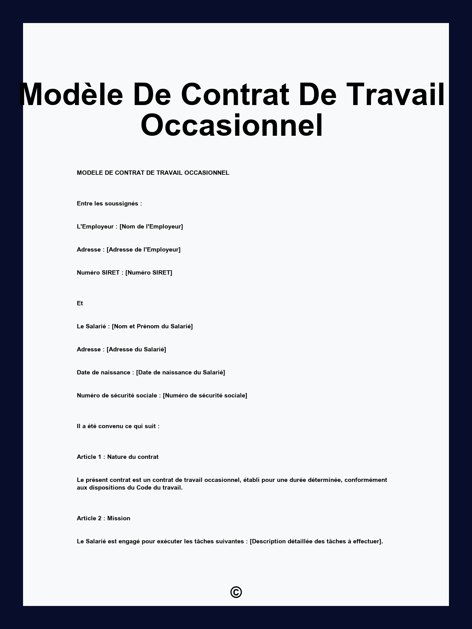 Modèle De Contrat De Travail Occasionnel